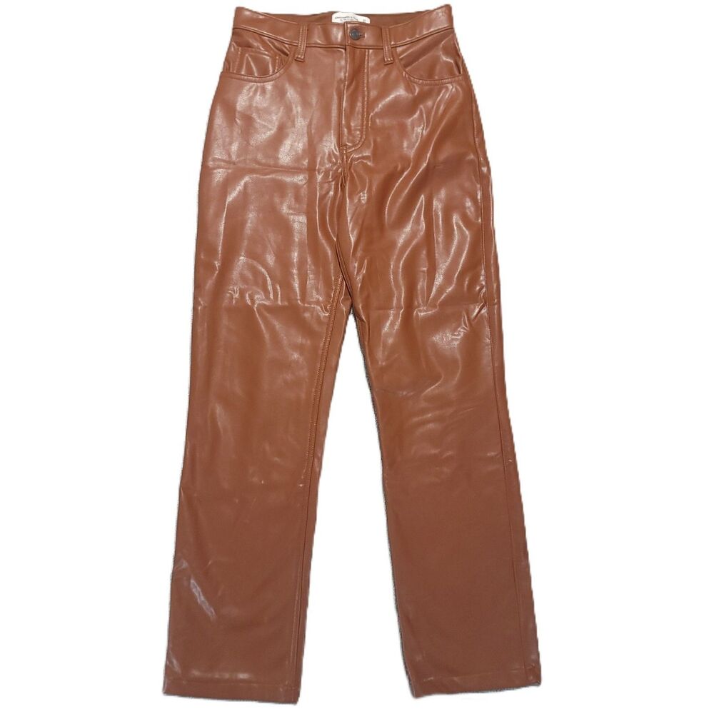 Abercrombie Fitch 90s Ultra High Rise Straight Faux Leather Pants Women 27 Brown